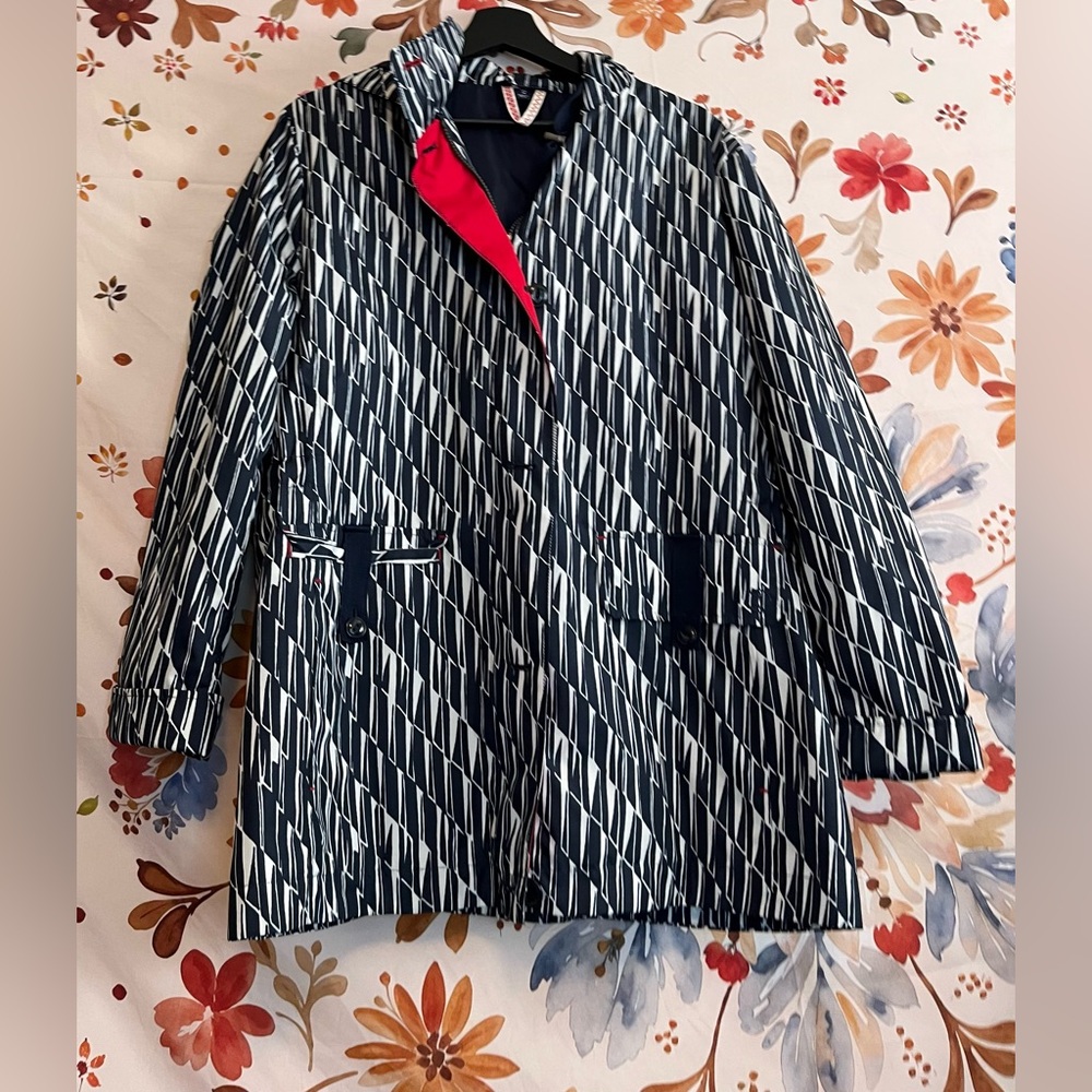 Lands End Womens XL 16/18 Storm Raker Blue White Clipper Nautical Rain Jacket
